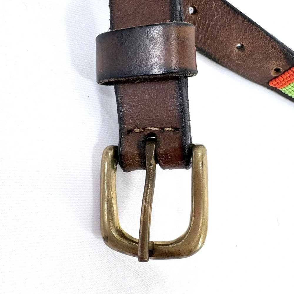 Handcrafted Beaded‎ Leather Belt Brown Colorful Tribal Geometric Brass Buckle 26